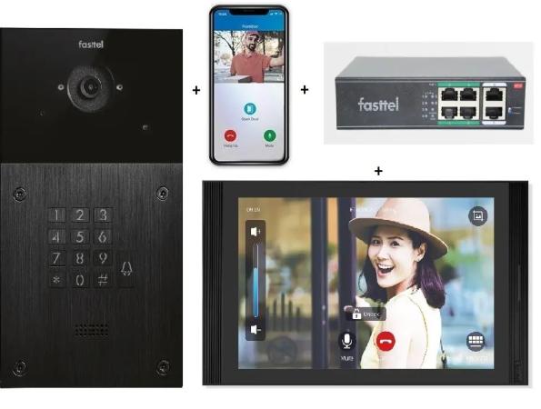 Videofonie KIT Wifi met buitenpost met belknop en codeklavier, app en 10" zwarte binnenpost